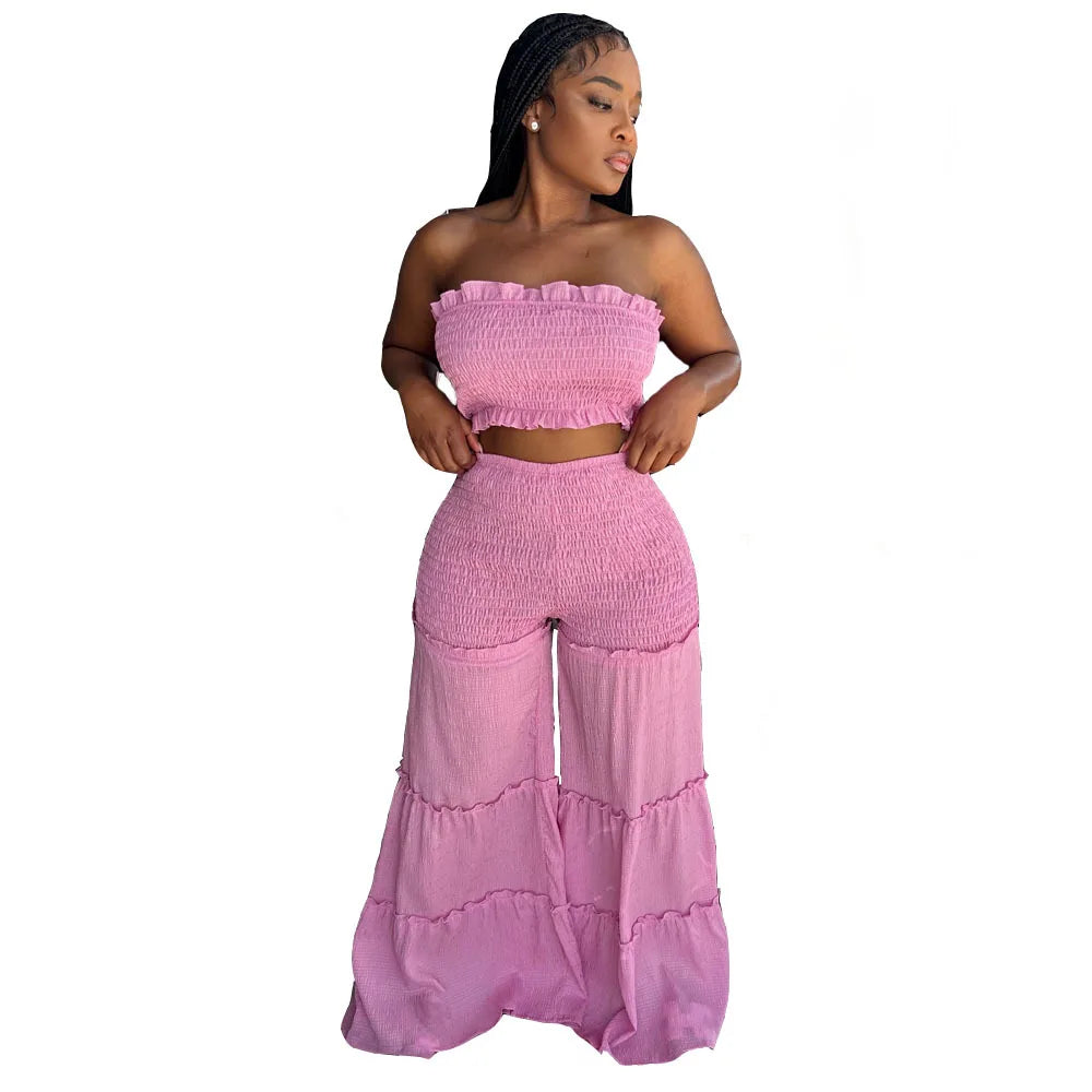 Damen Sommer Sexy Outfits 2-teiliges Boho-Hosen-Set, gerüscht, zweiteilig, Damen trägerloses Crop Tube Top und weite Hose