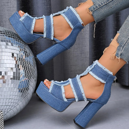 Sandales d'été pour femme Nouvelle plateforme en denim bleu Sangle de cheville Chaussures à talons hauts pour femme Sandales sexy à bout ouvert mode d'extérieur
