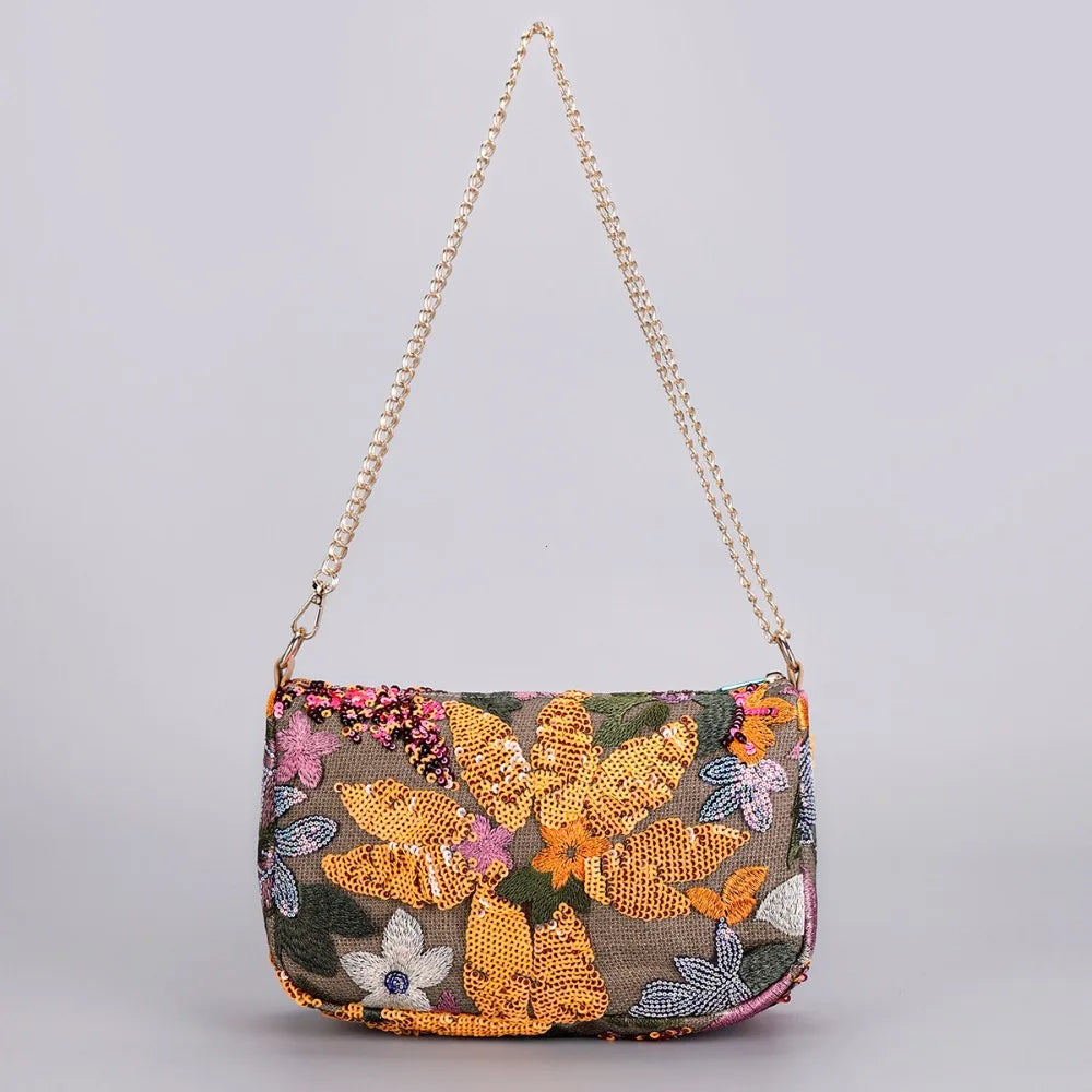 Borse a tracolla da donna con ricamo floreale carino Catene con paillettes alla moda Borsa a tracolla Borsa da spiaggia casual estiva Borsa e portamonete Hobos