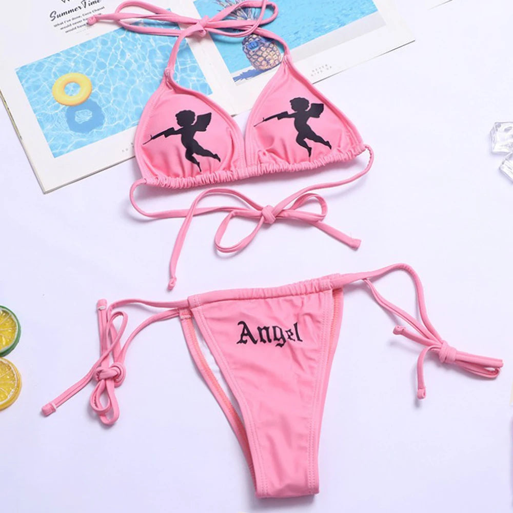2025 Goth Swimsuit Two-piece Letters Skull Printed Bikinis Set for Women Micro Biquini Sport Bathing Suit Female Bodysuit