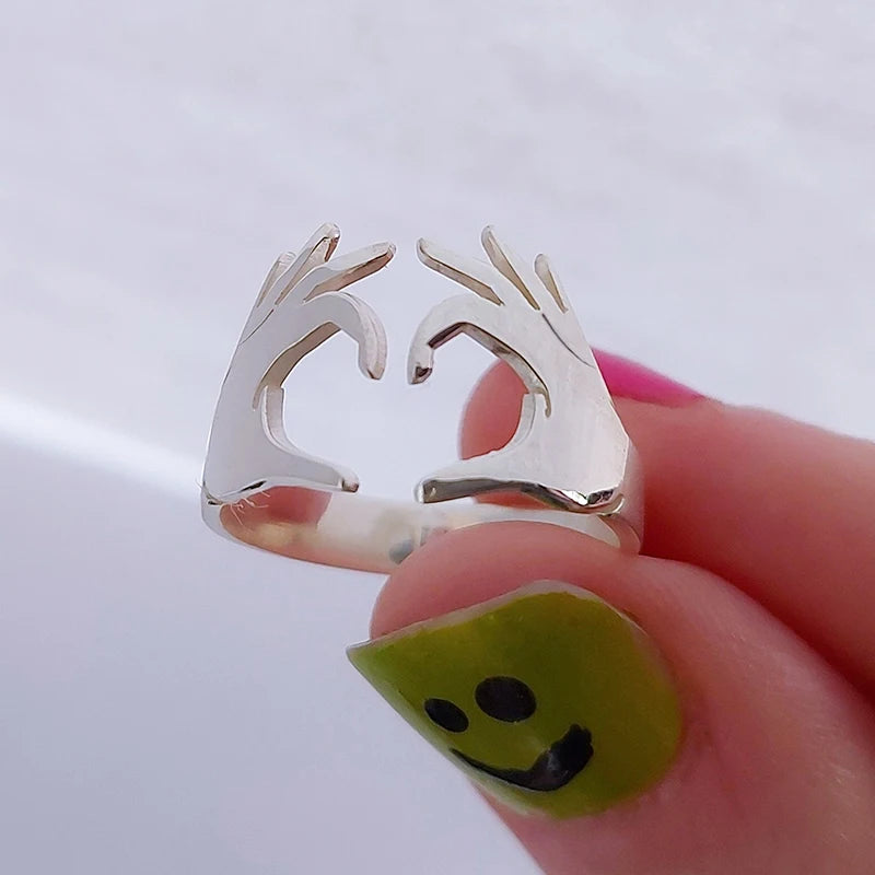 Huitan Double Hand Heart Love Coppia Anelli Anelli di apertura regolabili alla moda per donne/uomini Hug Hands Design Gioielli alla moda
