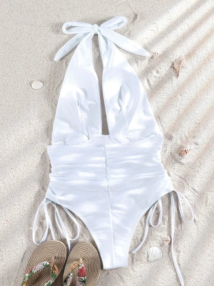 ZRTAK 2026 Tiefer V-Ausschnitt Einteiliger Badeanzug Damen Neckholder Bademode Brasilianischer Monokini Schwimmanzug Strandmode High Cut Badeanzug