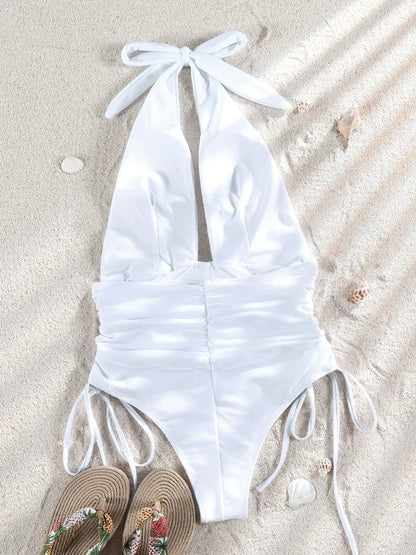 ZRTAK 2026 Tiefer V-Ausschnitt Einteiliger Badeanzug Damen Neckholder Bademode Brasilianischer Monokini Schwimmanzug Strandmode High Cut Badeanzug
