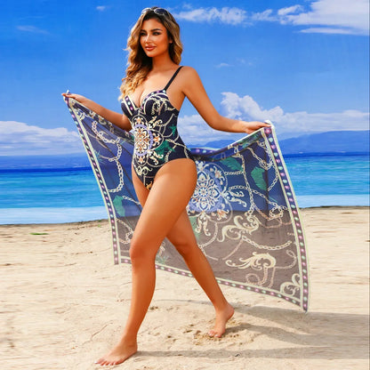2025 New Underwire Women Sexy Swimsuit 2 Pieces Swimwear Slim Monokini Chains Print Push Up Bikinis Black Blue Green Beachwear