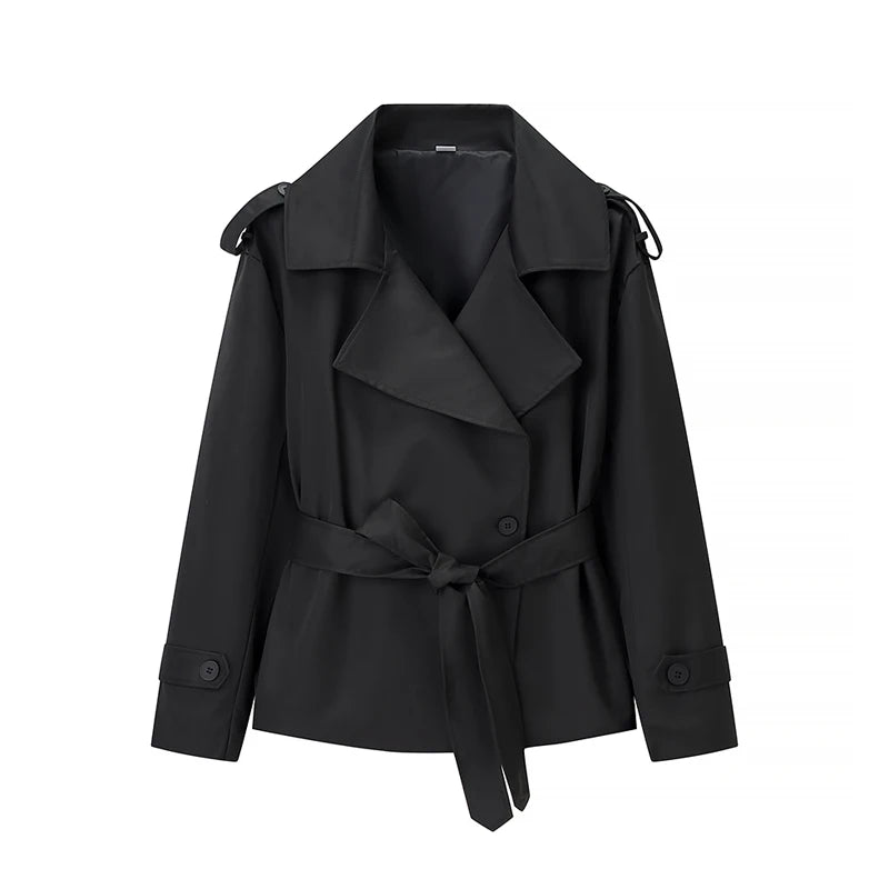 Trench con lacci con risvolto solido per le donne Moda maniche lunghe spalla larga cappotto corto allentato 2025 Nuovo autunno pendolari Outwear