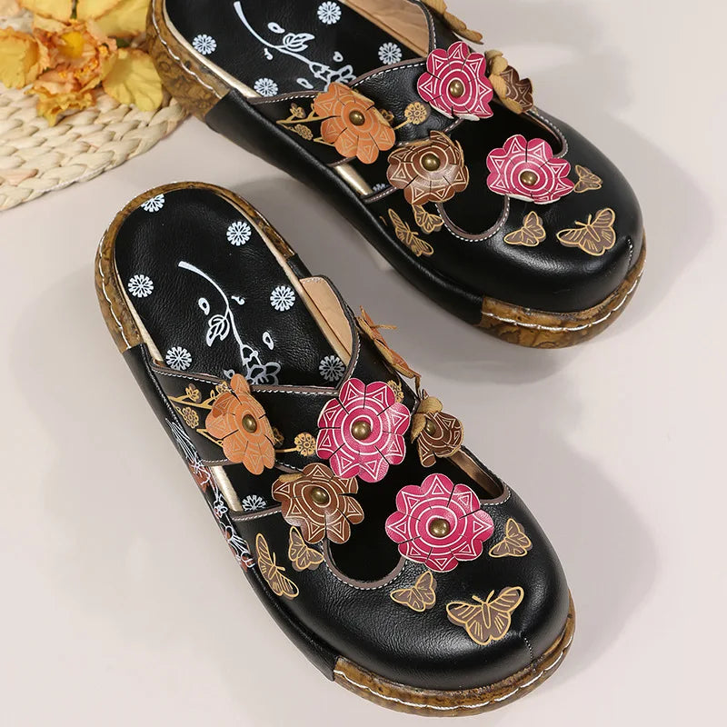 Damen-Sommersandalen mit Blumen im Ethno-Stil, Retro-Plateau-Hausschuhe, handgefertigt, bequem zum Gehen