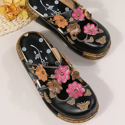 Damen-Sommersandalen mit Blumen im Ethno-Stil, Retro-Plateau-Hausschuhe, handgefertigt, bequem zum Gehen