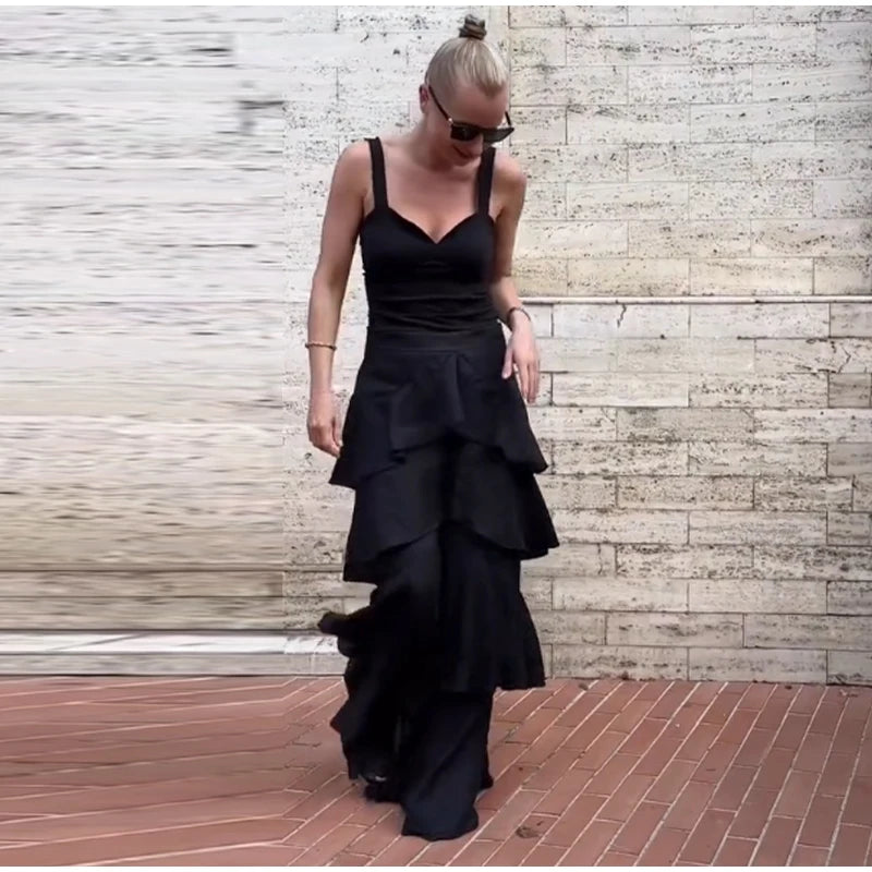 Pantaloni a Balze a Strati Blu Navy alla Moda da Donna, a Vita Alta e Gamba Larga, Lunghi, Nuova Collezione 2026, Casual da Vacanza e Streetwear
