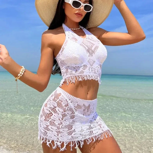 2 Stück Sexy Damen-Fischnetz-Cover-Ups, ausgehöhltes Bodycon-Damen-Bademode, durchsichtiges Quastenkleid ohne Bikini, Strandmode