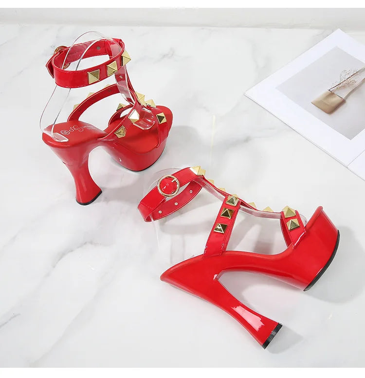 New Rivet Designer High Heels 2025 Fashion Thick Platform Club Women Pumps Sexy Summer Models Sandals White Black Red Woman Shoe