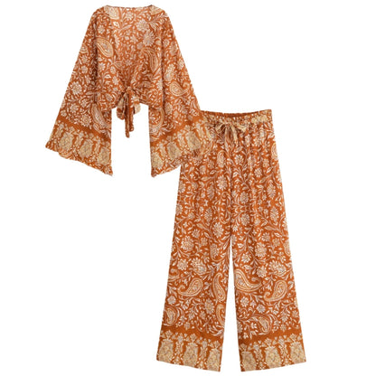Boho Queens Donna Abiti con stampa floreale marrone Kimono Abito Abiti bohémien Pantaloni a gamba larga 2 pezzi Rayon Boho Set costume da bagno