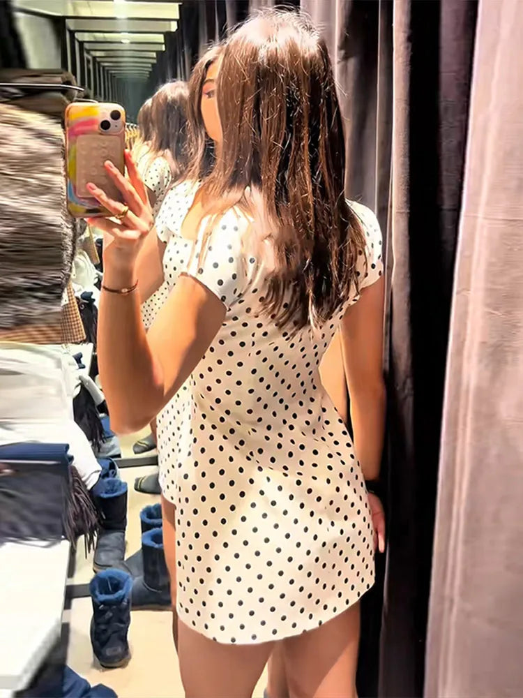 Abito Elegante Estivo 2026 da Donna con Stampa a Pois e Inserti in Pizzo, Vestito da Spiaggia Senza Maniche con Schiena Scoperta in Raso e Spalline Sottili