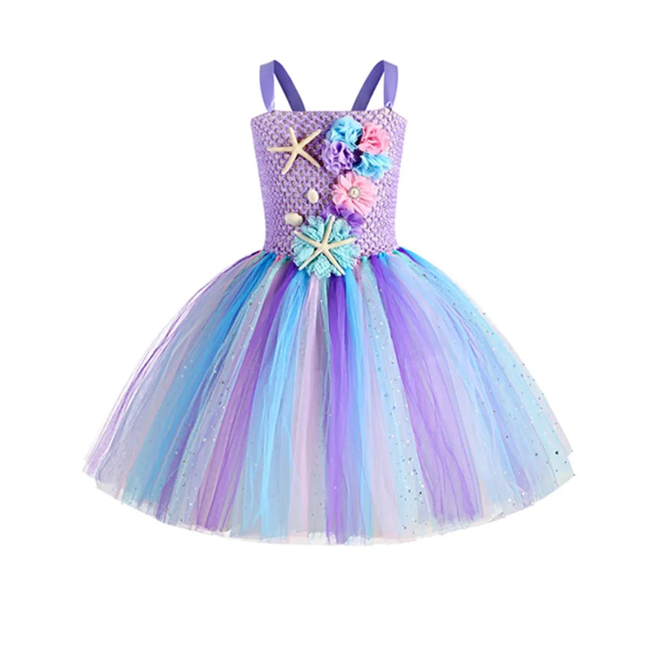 Abito tutù a sirena per ragazze sotto il mare Costumi di carnevale per feste di compleanno a tema con fascia per fiori Abiti per Halloween oceano 1-12 anni
