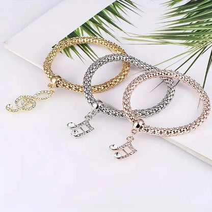 Set da 3 pezzi con lucchetto a forma di cuore, chiave, segno musicale, braccialetto con ciondoli, gufo, placcatura in oro rosa, catena color argento, set di gioielli con bracciale con ciondolo Owm