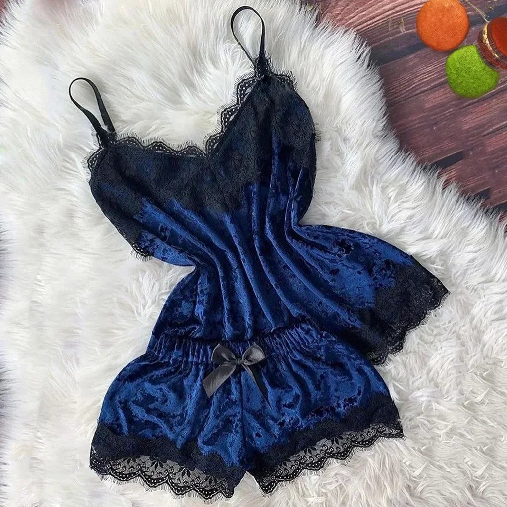 Sommerliche Spitzen-Nachtwäsche Sexy Satin-Pyjama-Set Damen Nachthemd 2-teiliges Crop-Top- und Shorts-Set Homewear Loungewear