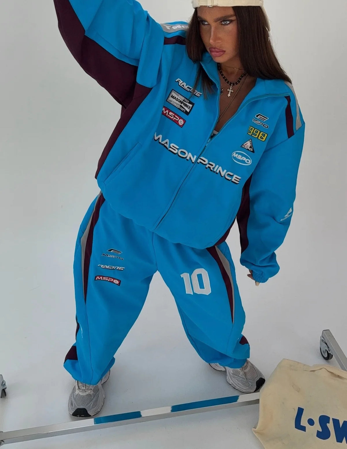 2026 Set Giacca e Pantaloni Sportivi Stile Harajuku Blu a Contrasto, Giacca con Ricamo Americano e Colletto Alto, Pantaloni a Gamba Larga