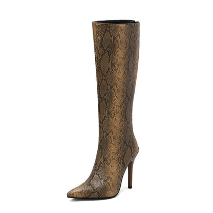 2025 White Snake Print Leather Knee High Boots Thin Heel Zipper Sexy Party Shoe Pointy Toe Thigh High Woman Long Boot Size 34-43