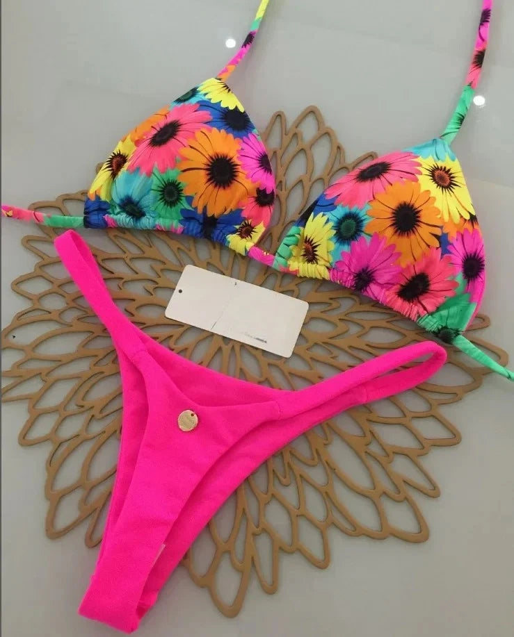 Summer Print Sexy Bikini Sets Halter Lace-up Tops Thongs Beach Style Bathing Suit Y2k Swimsuits Women Beachwear Fashion New