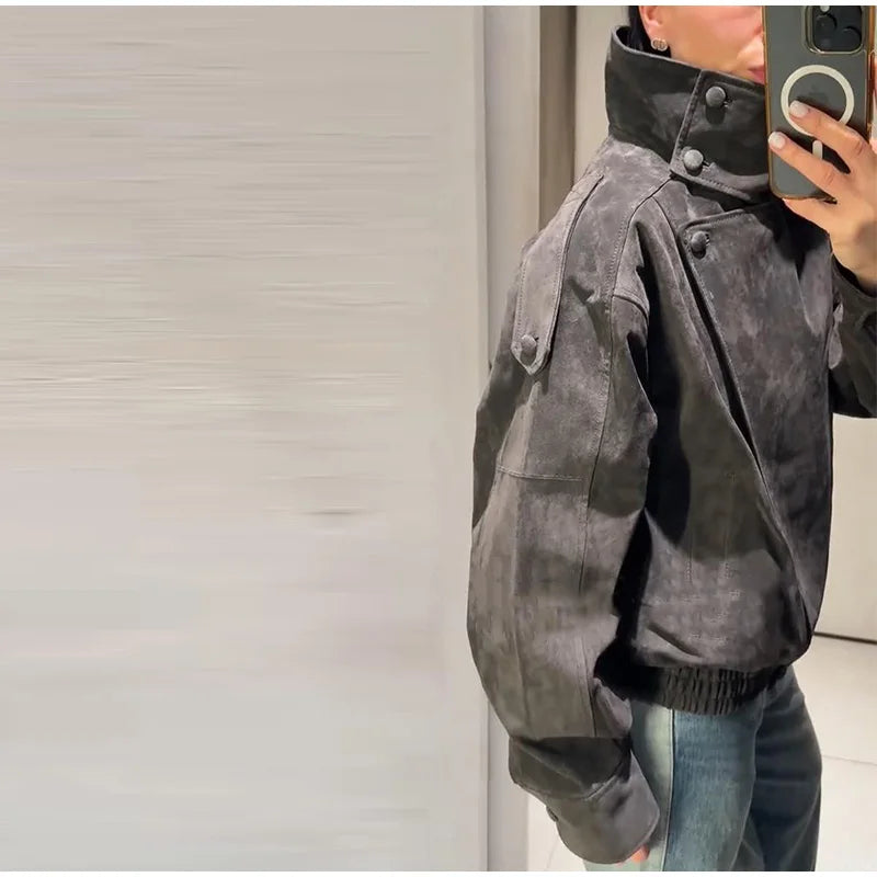 Giacca bomber da donna in camoscio grigio scuro, con colletto alla coreana, maniche lunghe, oversize, asimmetrica, stile street, giacche da donna autunno 2026