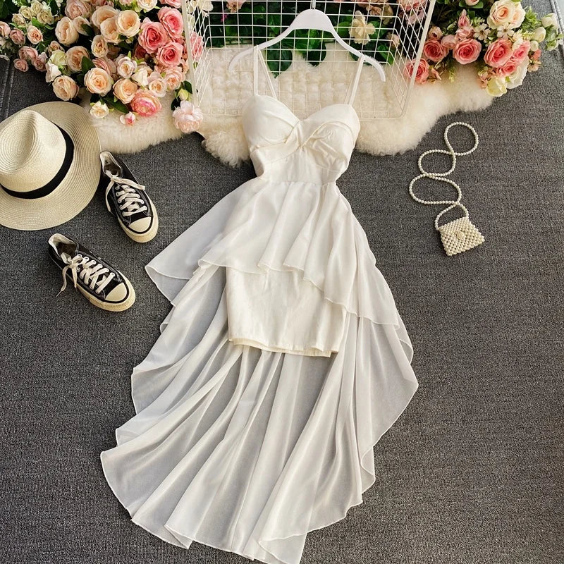 Ins Fashion Slim abito da donna asimmetrico a vita alta 2021 nuova estate elegante bianco nero abito da festa abiti da donna