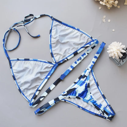Women's Sexy Bikini Set Three-point Camouflage Quick Drying Hanging Neck Swimsuit Underwear Girl Summer Seaside Elastic Lingerie