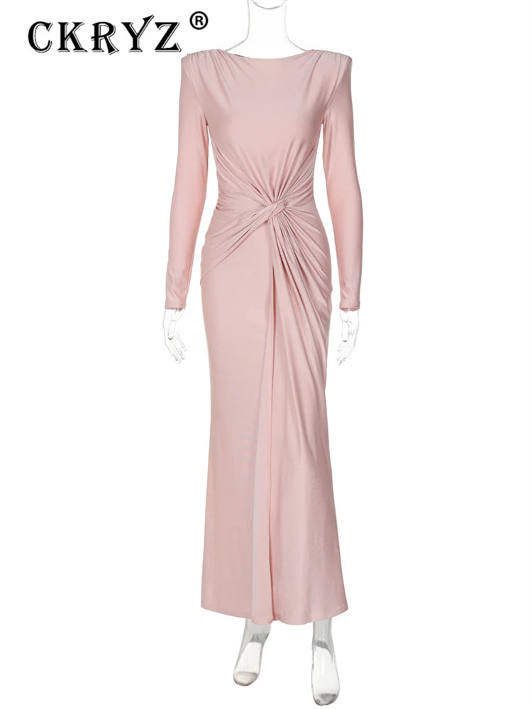 Abito da sera elegante da donna, manica lunga, o-collo, increspato, moda, abiti lunghi, donna, night club, streetwear, outfit autunnale