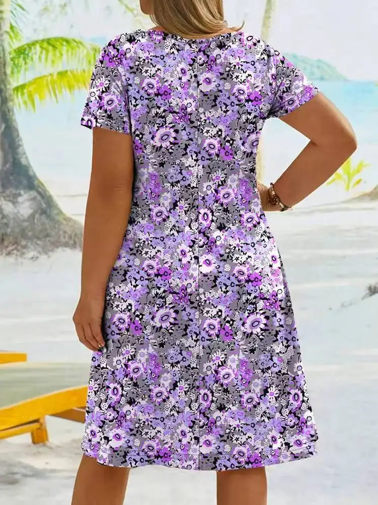 2025plus Size Estate Nuova minigonna a-line con scollo a V manica corta vita alta dimagrante abito con stampa floreale bohémien per le donne