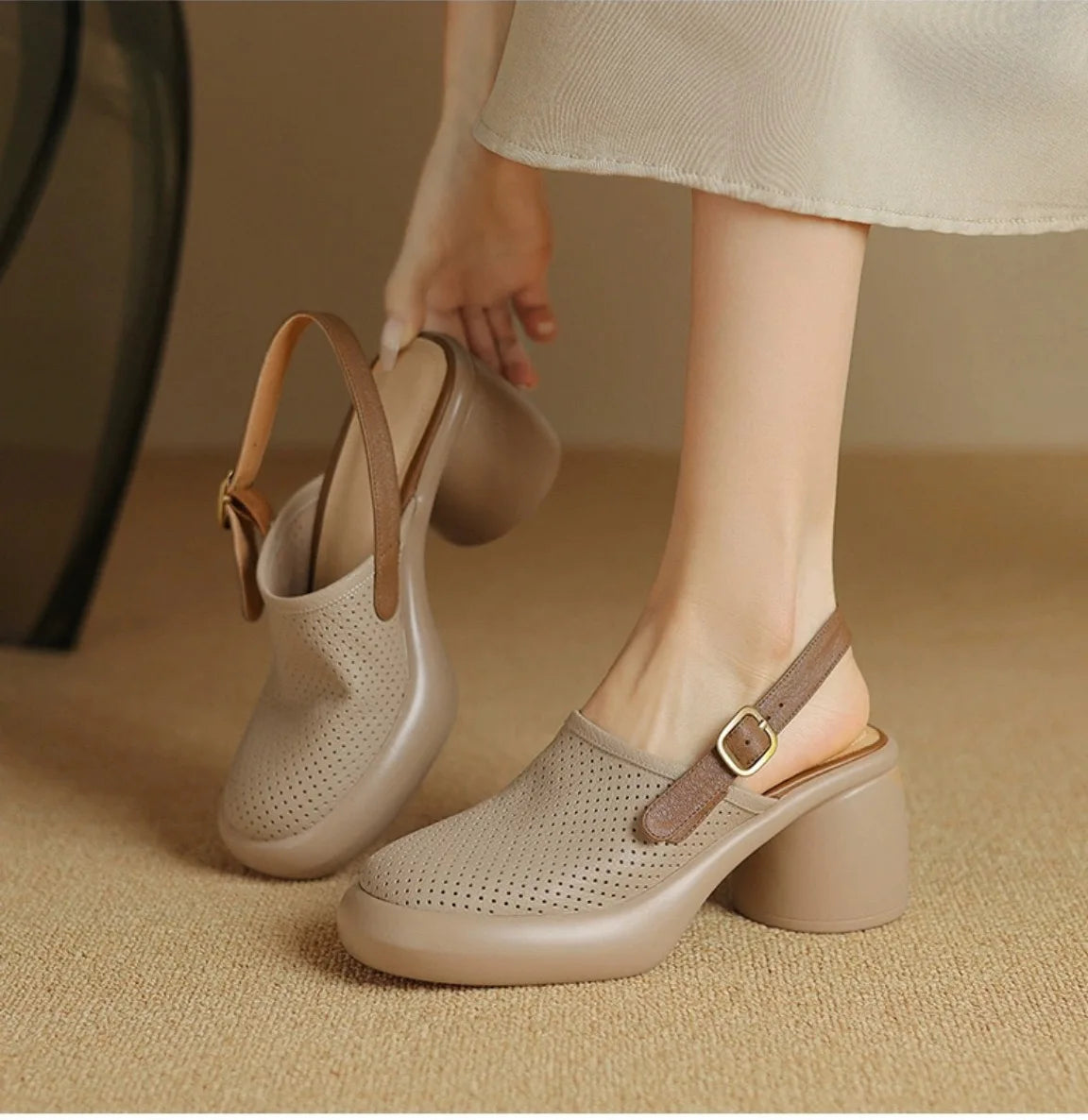 Sandali estivi Punta tonda Scava fuori Sandali con tacco alto per donna Sandali con plateau Zapatos Mujer Tacco grosso Scarpe di pelle di pecora Verde