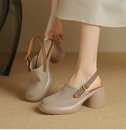 Sandali estivi Punta tonda Scava fuori Sandali con tacco alto per donna Sandali con plateau Zapatos Mujer Tacco grosso Scarpe di pelle di pecora Verde