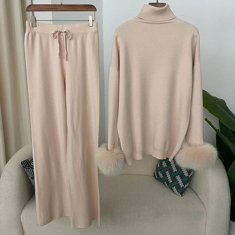 2024 nuova moda autunno inverno polsini in vera pelliccia di volpe naturale cappotto maglione lavorato a maglia pantaloni lunghi da donna set giacca spessa calda