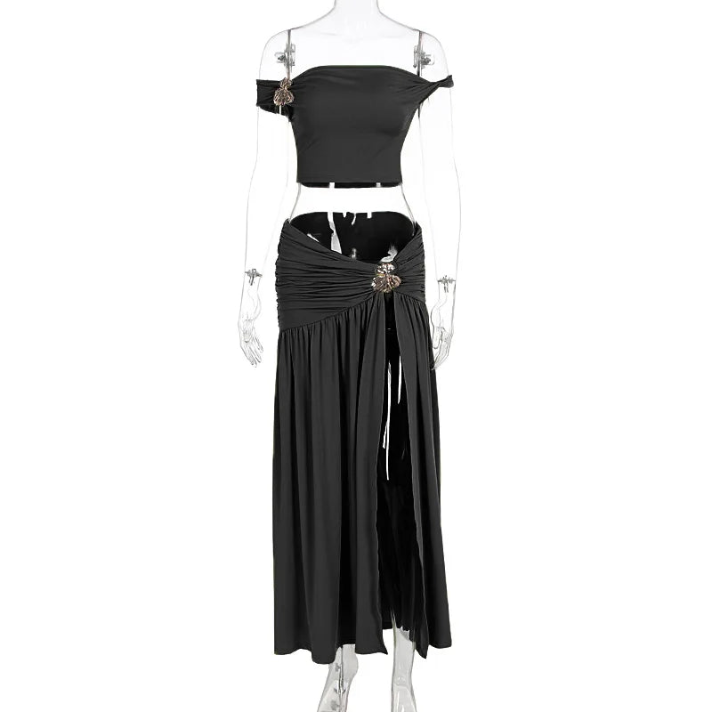 Ensemble Jupe d'été Femme Fleur en Métal Sexy Haut Court Épaules Dénudées Jupe Longue Fendue Ensembles de Jupes Mode sans Dos Plissés 2 Pièces