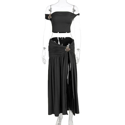 Ensemble Jupe d'été Femme Fleur en Métal Sexy Haut Court Épaules Dénudées Jupe Longue Fendue Ensembles de Jupes Mode sans Dos Plissés 2 Pièces