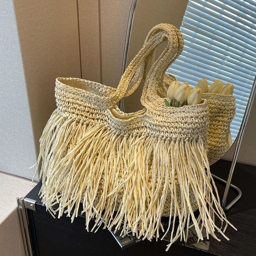 Borse a tracolla da donna in tessuto con nappe casual Borse da donna con frange fatte a mano Borsa tote grande da spiaggia estiva Borsa shopper grande per le vacanze