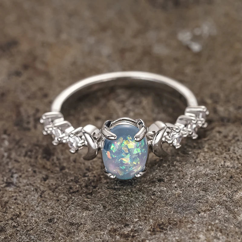 Huitan Anelli di luna opale imitazione blu/bianco per le donne Accessori da sposa estetici Gioielli di dichiarazione regalo di anniversario fantasia Hot