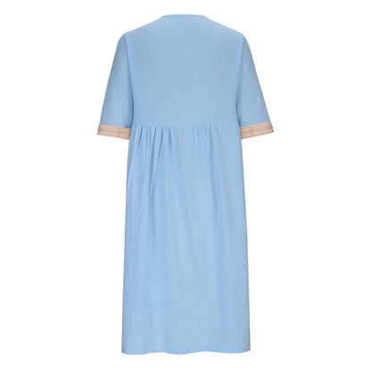 Abito Estivo da Donna 2026 Nuovo in Cotone e Lino a Mezza Manica con Scollo a V, Vestito Casual Chic Vintage con Inserti, Vestito Midi Ampio
