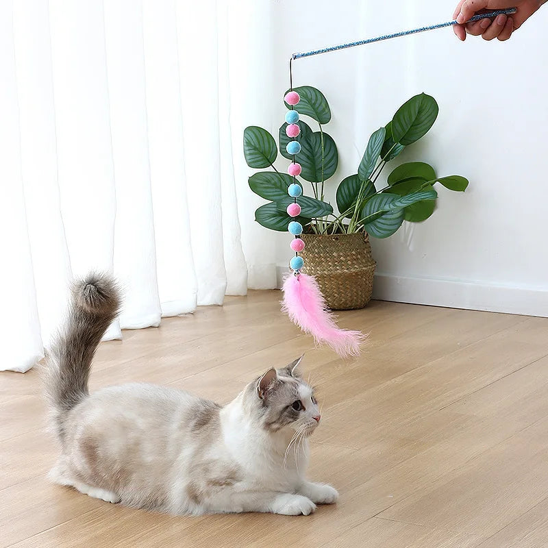 Giocattolo per gatti Pompon Giocattoli per gatti Giocattoli interattivi di piume per gatti Stuzzicare i gatti Giocattolo per gatti durevoli Bastone da gioco Palla di peluche Forniture per animali domestici