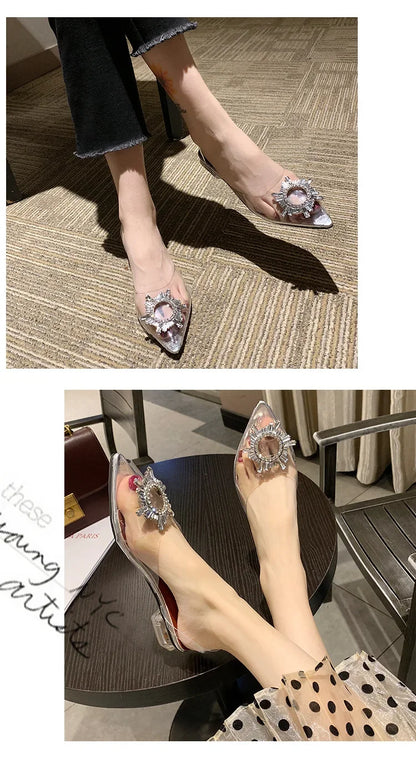 Sandali con tacco alto a punta da donna estivi Pantofola in vetro trasparente Tacco spesso Scarpe alla moda a forma di vetro da vino
