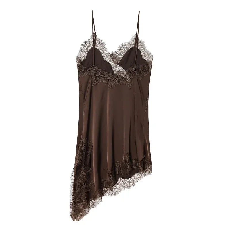 MUJER Abito sottoveste in pizzo nero Abiti corti da festa in raso da donna per le donne Abiti da donna sexy senza schienale Mini abito da notte asimmetrico