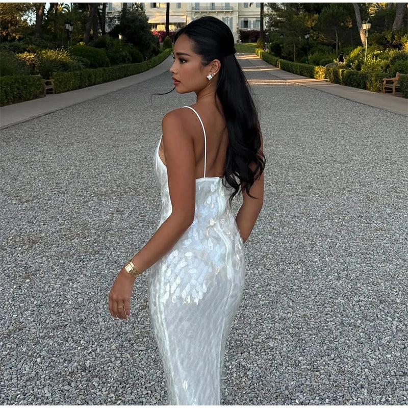 Abito lungo da donna con paillettes Abito lungo con scollo a V Solido Backless Vita alta Abiti senza maniche 2025 Moda Nuova estate Lady Party Robes