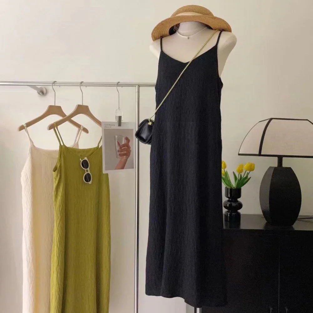 Abito a metà polpaccio senza maniche a canotta Vintage per donna nero rosa viola bianco abiti Midi pieghettati abiti da sera per ragazza vestiti