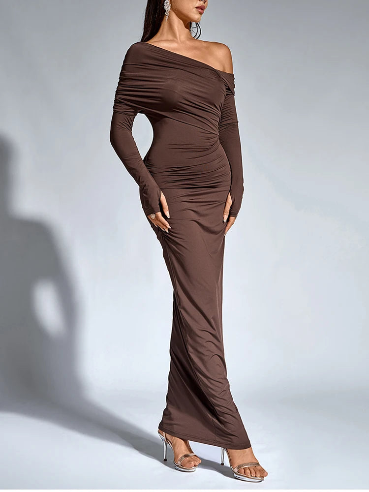NewAsia Abito lungo da donna a maniche lunghe con collo asimmetrico e monospalla increspato aderente Fashion Club Party Maxi abiti Marrone Autunno