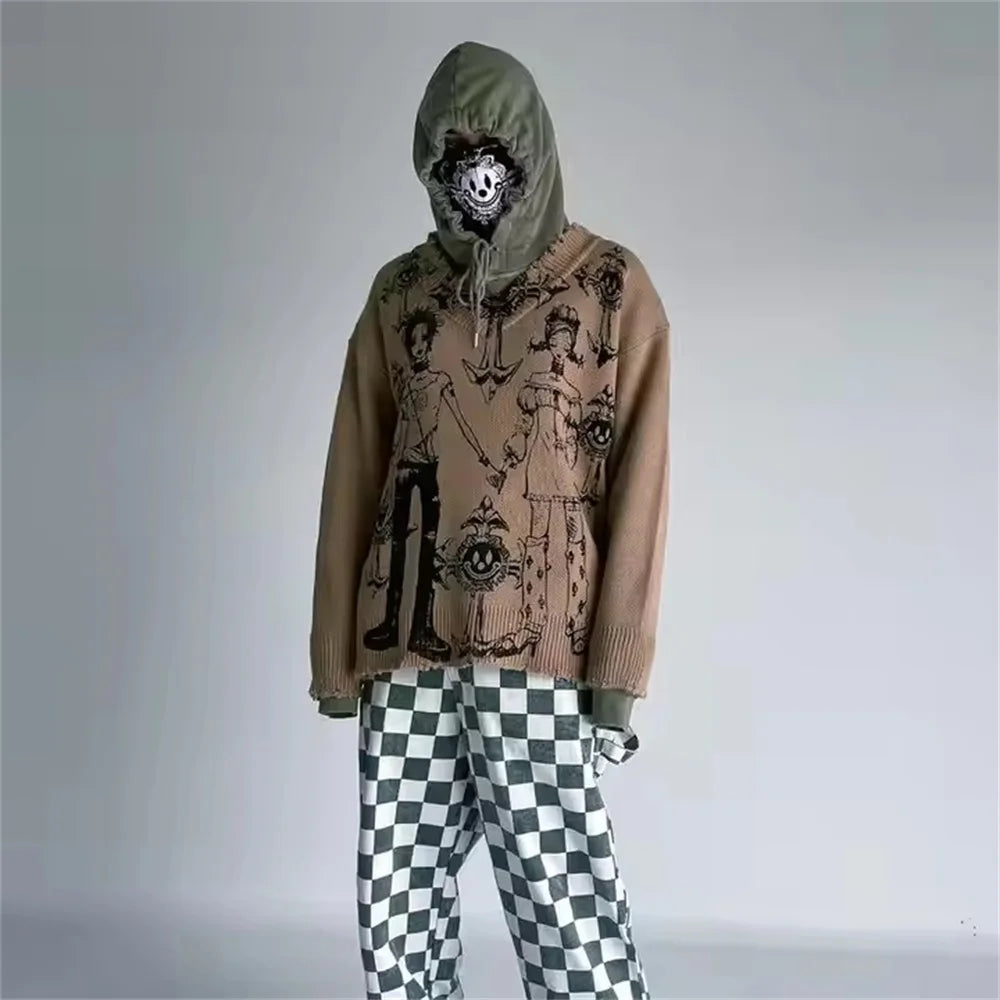 Autunno e inverno nuovo maglione lavorato a maglia retrò scuro American Street Trend Y2K maglione ampio con cappuccio girocollo
