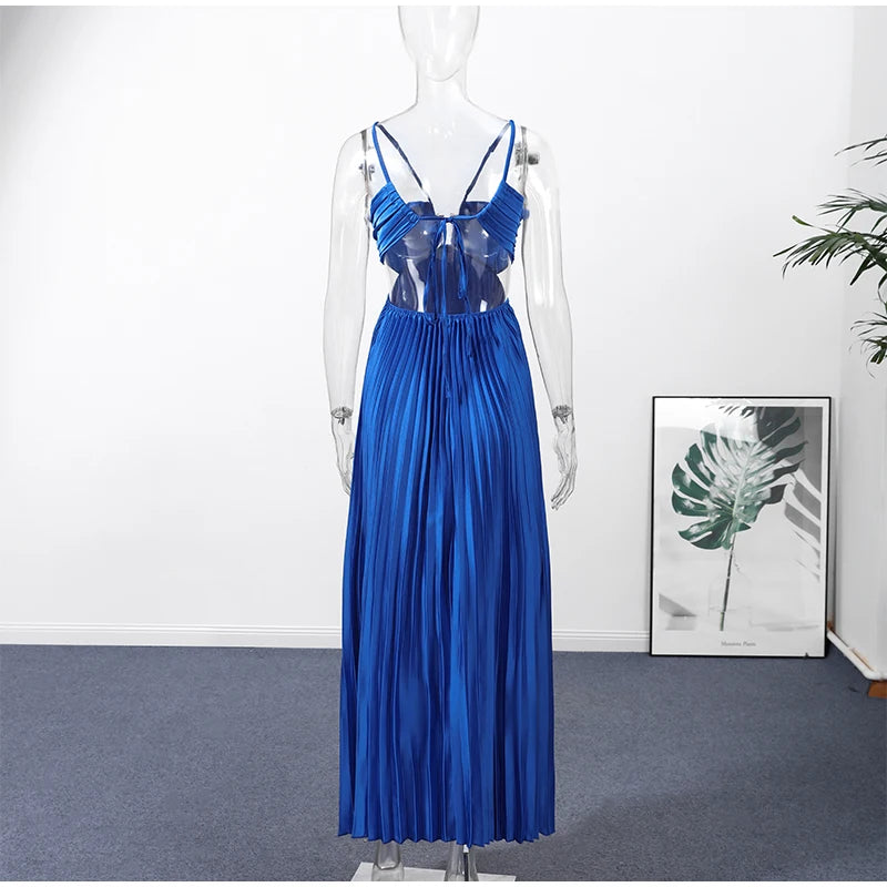 Abito Lungo Estivo da Donna con Scollo all'Americana e Pieghe, Senza Schienale, Senza Maniche, Blu, per Vacanze al Mare, Moda Femminile 2026, Vestito a Trapezio