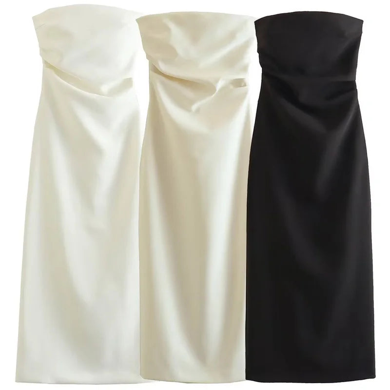 HXAO 2025 Abiti senza spalline da donna Estate Off White Nero Abito bianco Midi Increspato con spalle scoperte Abito senza schienale Abiti da ballo 066