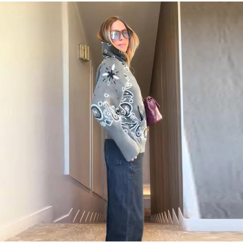 Cardigan da Donna in Maglia Stampata Casual, Maniche Lunghe, Cerniere, Colletto Alto, Tasche, Cappotti Autunno 2026, Abbigliamento Femminile Chic da Strada