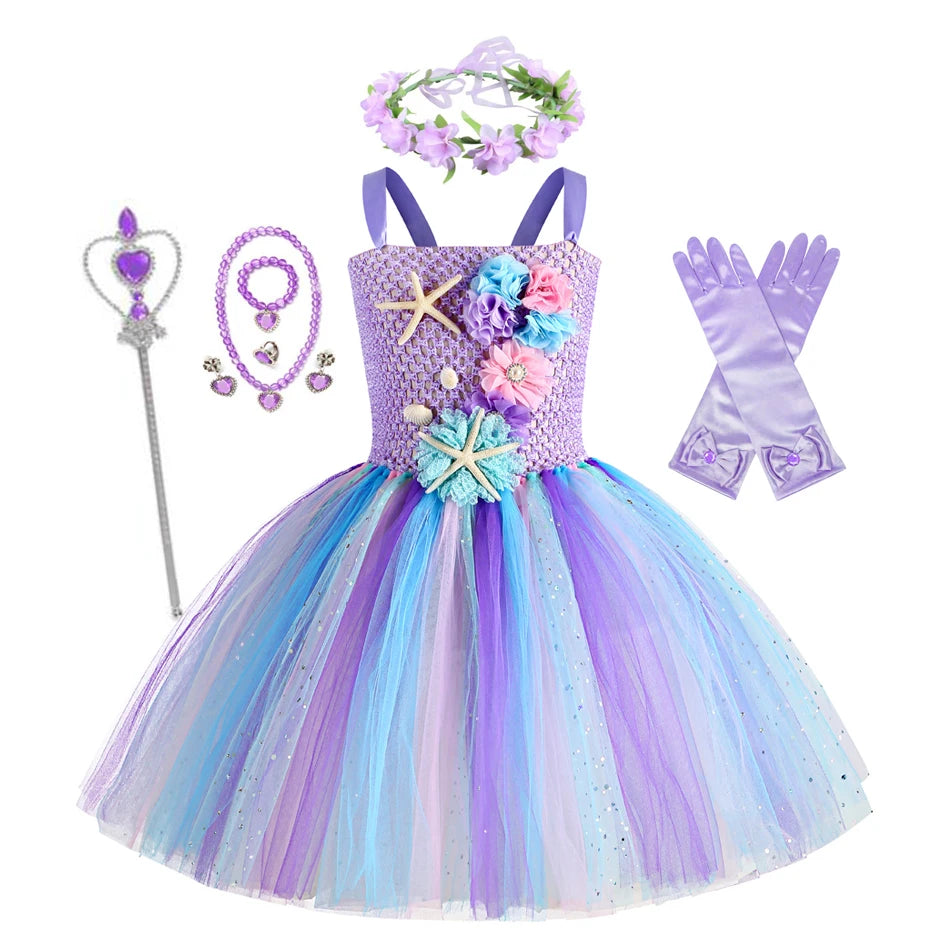 Abito tutù a sirena per ragazze sotto il mare Costumi di carnevale per feste di compleanno a tema con fascia per fiori Abiti per Halloween oceano 1-12 anni