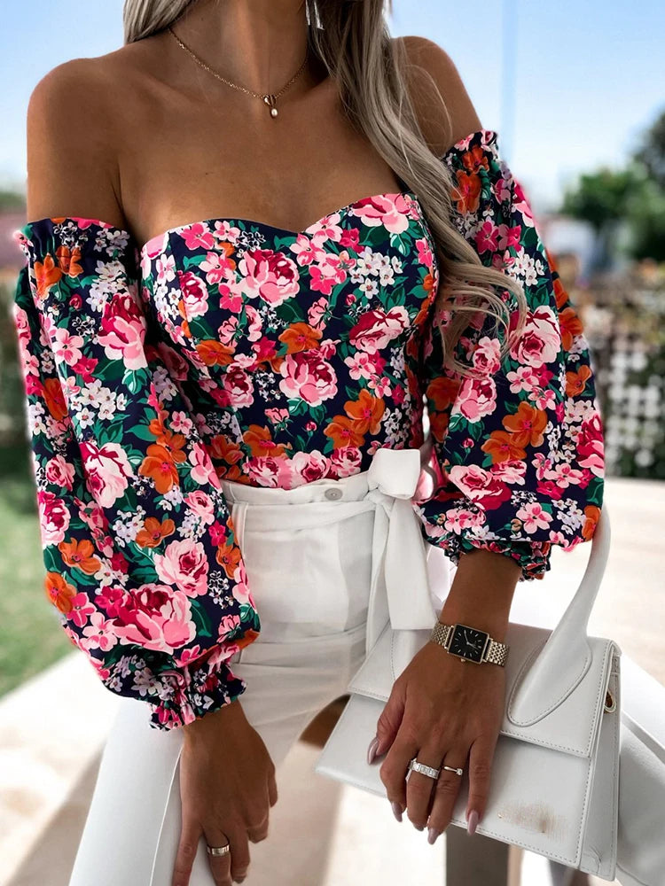 Boho Sexy Damen Top Sommer schulterfrei florale Blusen Damen lässige rückenfreie Bluse weibliche Urlaub Slash-Neck Tops Kleidung