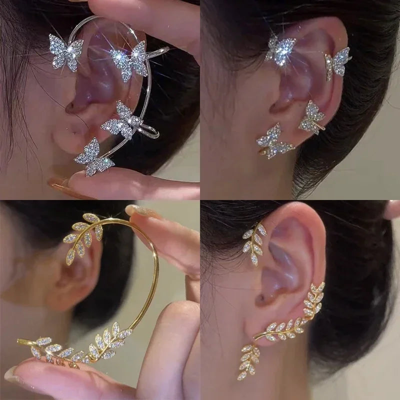 Orecchini a Clip a farfalla con foglia di metallo placcato argento per orecchini da donna senza Piercing gioielli di moda con polsino dell'orecchio in zircone scintillante