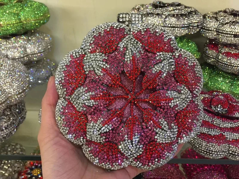 Pochette da sera con strass rosa/verde con fiore rosa Borse da sera da donna in cristallo giallo floreale Pochette da sposa per festa di nozze