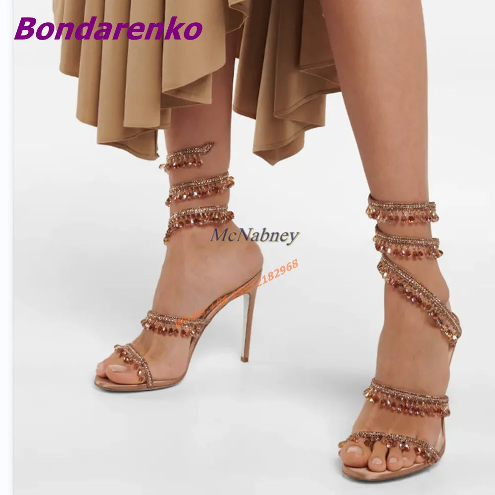 Newest Rhinestone Serpentine Sandals Women Shoes Open Toe Solid Hollow Stiletto Heel Sandal Slip On Summer Party Dress Sexy Shoe